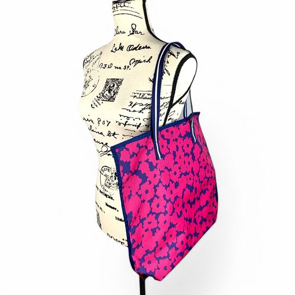 Estee Lauder Floral Tote Beach Bag Fuchsia Navy Large - Picture 6 of 6
